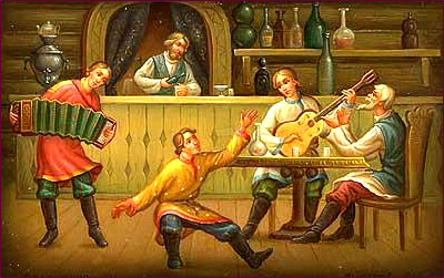 At the Tavern, Fedoskino School of painting.