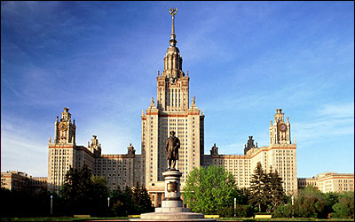 Lomonosov University in Moscow, statue of Lomonosov in foreground.