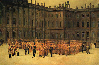 Tzar Nicholas l, in front of the Winter Palace on the Senate Square, before shooting Desembrists, V. Masutov, 1861.