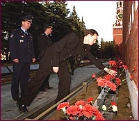 Following a tradition, the Soyuz crew places flowers at the graves of Yuri Gagarin and the four cosmonauts who have died in pursuit of man's exploration of space.