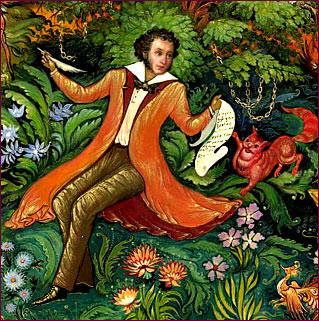 Poet Aleksander Pushkin, Palekh School of painting.