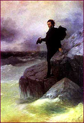 Pushkin's Farewell to the Sea. 1887. Oil on canvas. Ivan Aivazovsky and Ilya Repin.>A</b>leksander 
                    Pushkin was born in Moscow into a cultured, but poor aristocratic 
                    family. Pushkin's great-grandfather was brought from Africa 
                    as a gift to Peter the Great, who treated him as his own, 
                    gave him noble status, and made him his comrade in arms. Even 
                    before Alexander was born his path in life was destined to 
                    be an unusual one. <br>
                    <br>
                    <b>I</b>n his childhood the future poet was entrusted to nursemaids, 
                    French tutors, and governesses. He learned Russian from household 
                    serfs and from his nanny Arina. Pushkin started to write poems 
                    from an early age. His first published poem was written when 
                    he was only 14.<br>
<br>
<b>I</b>n 1811 Tsar Alexander I opened a school 
                    for boys, the Lyceum, which Pushkin was to attend. By his 
                    graduation from the Lyceum in 1817, Pushkin was already famous 
                    all throughout Russia. His first legitimate work, "Ruslan 
                    and Ludmila," was completed as his graduation project. 
                    To this day it is argued that, "Ruslan and Ludmila," 
                    is his greatest literary work.<i><font color=